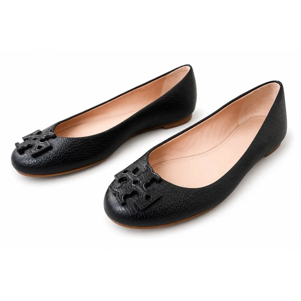 Tory Burch Minnie Ballet Flats Women 6.5 Black Excellent Pebbled Leather‎ Logo